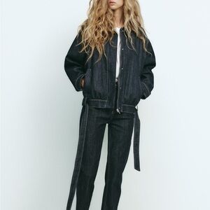 ZARA Belted Denim Jacket Modern Dark Indigo Cotton